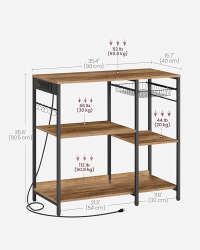 VASAGLE Baker's Rack, Coffee Bar Stand with Charging Station, 35.6 Inches Tall, Storage Shelves, Pull-Out Wire Basket, Table for Microwave, Kitchen, Honey Brown and Ink Black UKKS036K41 - color: Honey Brown + Ink Black, style: With Power Outlet