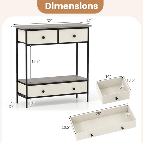 Giantex Console Table with 3 Fabric Drawers, 32" Farmhouse Entryway Table with Storage & Open Shelf, Rustic Narrow Sofa Table with Metal Frame for Living Room, Hallway, Entrance, Foyer