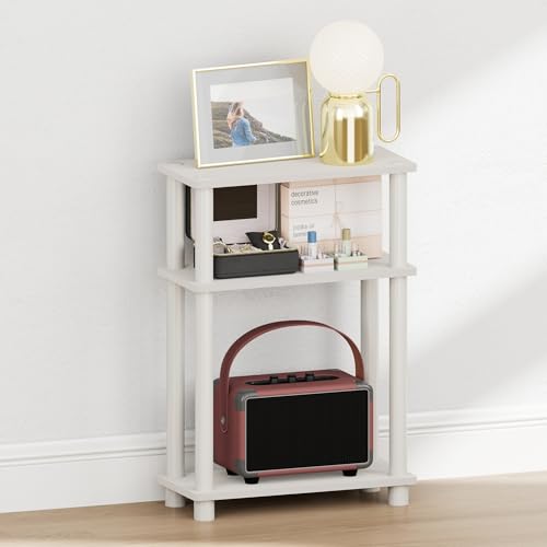 Furinno Turn-N-Tube Narrow Night Stand, 3-Tier Rectangular Nightstand with Storage Shelf, Slim Toolless Bedside Table, End Table, Side Table, for Bedroom, Closet, Dorm, White - color: White/White