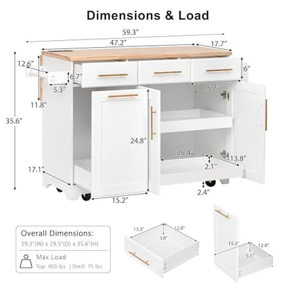 60" Kitchen Island with Trash Can Storage Cabinet and Power Outlet | Rolling Kitchen Cart on Wheels with Rubber Wood Drop Leaf Top, Spice Rack, Towel Rack and Adjustable Shelf, White - color: White