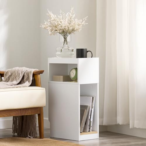 SoBuy Narrow Nightstand with Drawer and Open Shelf – Slim Small Bedside Table for Tight Spaces, Compact Skinny White Nightstand for Bedroom or Dorm, Wooden Side Table, White FBT171-WN