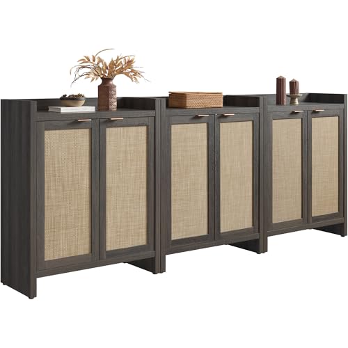 SICOTAS Shoe Storage Cabinet Set of 3, Large Capacity Rattan Shoe Cabinet for Entryway, 6-Tier 41" Tall Shoe Cabinet, Farmhouse Wooden Storage Cabinet for Living Room Hallway, Black Oak - color: Black Oak, size: 3 Pieces