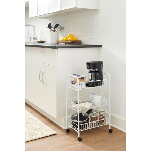 Rubbermaid 3-Tier Shelving Wheeled Organizer, Wire Adjustable Metal Storage Cart, for Office/Kitchen/Bedroom/Laundry Home Use, White - style: Storage Cart