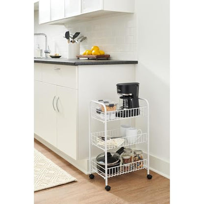 Rubbermaid 3-Tier Shelving Wheeled Organizer, Wire Adjustable Metal Storage Cart, for Office/Kitchen/Bedroom/Laundry Home Use, White - style: Storage Cart
