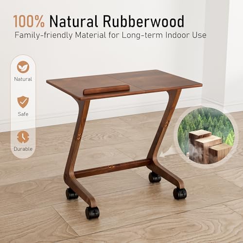 TV Tray Table with Casters, Solid Rubberwood End Tables, Sofa Side Table Couch Table Laptop Desk Removable Snack Tray for Coffee Bed Sofa Eating Writing Reading Living Room Bedroom, Dark Walnut - color: Dark Walnut