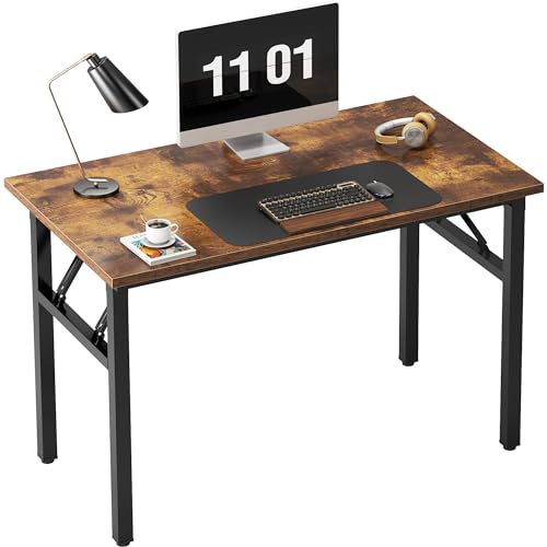 Need 39.4 Inch Folding Desk for Small Spaces, Home Office Computer Desk with Rustic Brown Tabletop & Black Metal Frame, Foldable Writing Table for Study, Bedroom, Dorm Room & Student - color: Rustic Brown, size: 39.4 inches