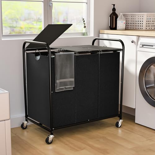 180L (47.55 Gal) Laundry Sorter 3 Section, Rolling Laundry Basket with Lockable Wheels and Lid, Laundry Hamper with 3 Separated Removable Bags Dirty Clothes Hamper for Laundry Room Organizer, Black - color: Black-3Sec, size: 47.55Gal