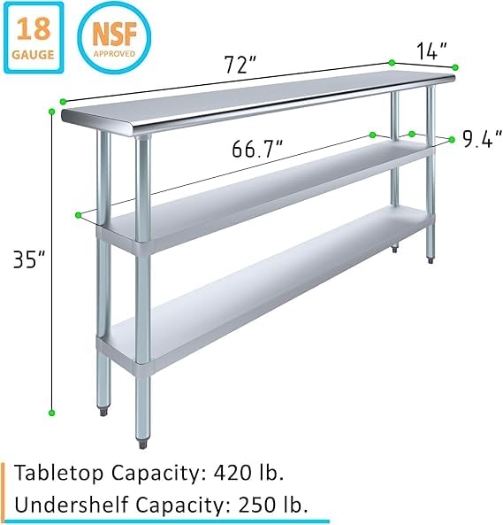 Stainless Steel Work Table with Double Undershelf – Commercial Prep Table for Kitchen, Bakery, Restaurant – NSF Certified (14 x 72) - size: 14x72