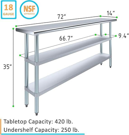Stainless Steel Work Table with Double Undershelf – Commercial Prep Table for Kitchen, Bakery, Restaurant – NSF Certified (14 x 72) - size: 14x72