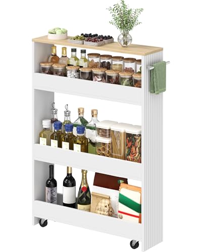CHOEZON Slim Storage Cart with Wheels, 5.5" Narrow 4-Tier Rolling Cart, Multi-Purpose Utility Cart for Kitchen, Bathroom, Laundry Room, Living Room, White and Natural MTC02WN