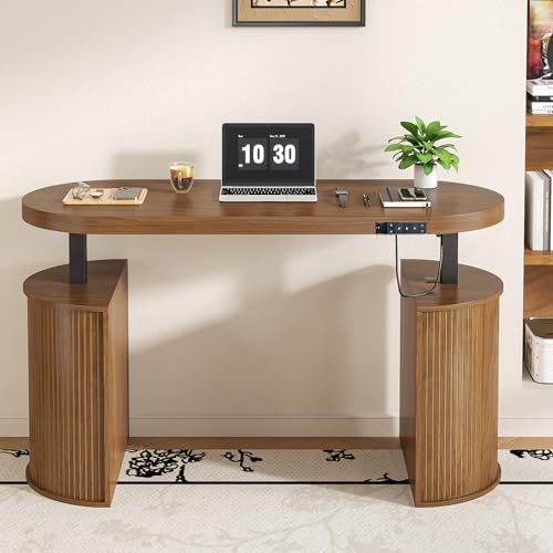 Mid Century Modern Electric Standing Desk with Storage, 55 x 22 Inch Small Sit Stand Up Desk, Wood Adjustable Height Computer Executive Desk for Home Office, Laptop, Walnut - color: Walnut