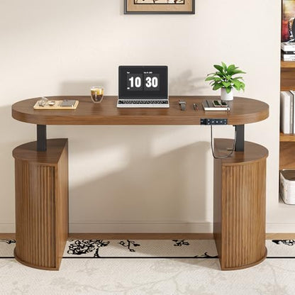 Mid Century Modern Electric Standing Desk with Storage, 55 x 22 Inch Small Sit Stand Up Desk, Wood Adjustable Height Computer Executive Desk for Home Office, Laptop, Walnut - color: Walnut