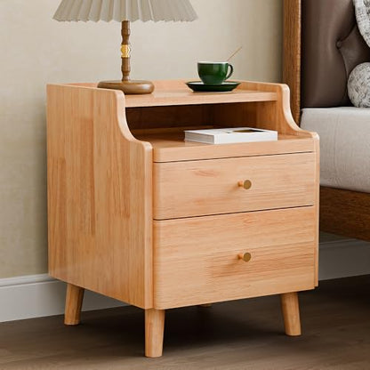 Nightstand with Drawers, Pre-Assembled, 19.7" H Natural Solid Wood Night Stand with Open Sliding Shelf, Mid Century Modern Small Bedside Table Cabinet for Bedroom, Natural Oak 16" - color: Oak, size: 16"