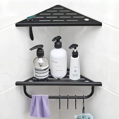 Corner Shower Shelf, 10'' Shower Corner Shelf with Towel Bar & Hooks, 304 Stainless Steel Recessed Bathroom Shelves, No Drilling for Tiled Wall, 2-Pack (Matte Black) - color: Matte Black