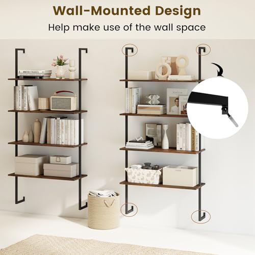 Giantex 4 Tier Modern Wall Mounted Bookshelf Rustic Brown, 64" Industrial Wood Bookcase with Metal Frame, Display Storage Rack Organizer, Ladder Shelf Bookcase for Living Room, Kitchen