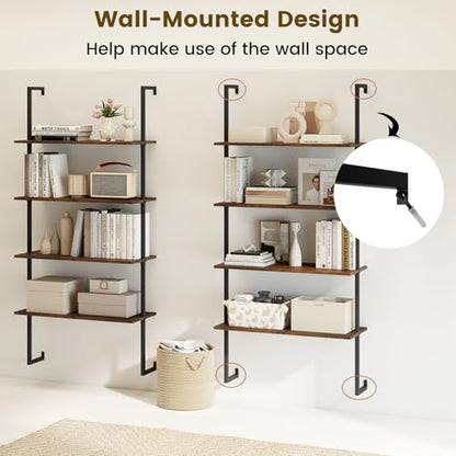 Giantex 4 Tier Modern Wall Mounted Bookshelf Rustic Brown, 64" Industrial Wood Bookcase with Metal Frame, Display Storage Rack Organizer, Ladder Shelf Bookcase for Living Room, Kitchen