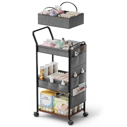 BBLIKE 3-Tier Diaper Caddy Organizer - Rolling Utility Baby Cart with Basket and Side Pockets for Nursery and Baby Essentials, Multi-Function Cart for Bedroom and Bathroom,Gray - style: Basket-Grey