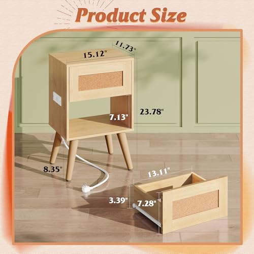 WLIVE Rattan Nightstand with Charging Station, Boho Night Stand, Small Bedroom Side Table, End Table with Drawer and Storage, Wood Bedside Tables for Bedroom, Small Spaces, Natural Oak - color: Natural Oak+1pcs, style: Bohemian