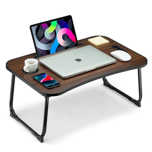 Foldable Lap Desk, Laptop Bed Desk, Portable Lap Table, Laptop Bed Table with Cup Holder & Tablet Slot & Lifting Handle for Working Writing Drawing & Eating - Walnut Brown - color: Walnut Brown