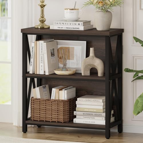Small Bookshelf, 3 Shelf Bookcase for Living Room, Low Short Bookshelf, Industrial Wood Book Shelf and Rustic Book Case for Small Space, Home Office (Dark Walnut) - color: Dark Walnut, size: Without Drawer