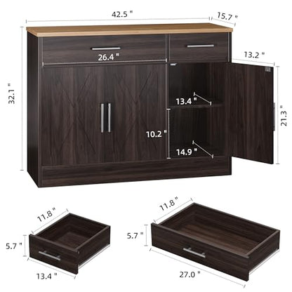 Shintenchi Modern Farmhouse Sideboard Buffet Cabinet,Barn Doors Buffet Cabinet with 2 Drawers & 3 Doors,Wood Coffee Bar Cabinet with Adjustable Shelf for Kitchen Living Room,Brown - color: Brown