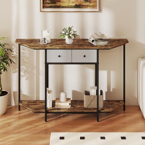 GOFLAME Entryway Table with 2 Fabric Drawers, 51“ Narrow Sofa Table with Open Storage Shelf, Heavy-Duty Frame, Industrial Half Moon Console Table for Living Room, Hallway, Rustic Brown