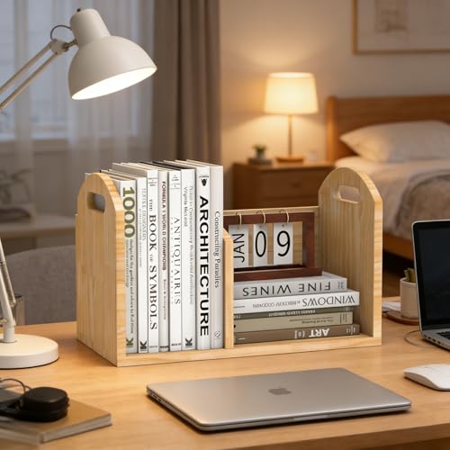 100% Solid Wood Adjustable Desktop Bookshelf, Retro Tabletop Book Shelf File Holder, Vertical Bookshelf Divider Desk Shelf for Home School Office Organization, Perfect for Books, Cookbooks, Magazine - color: Natural Beige