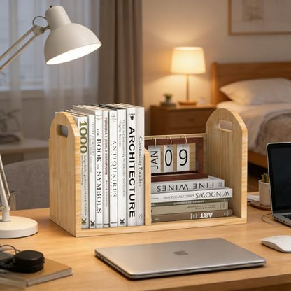 100% Solid Wood Adjustable Desktop Bookshelf, Retro Tabletop Book Shelf File Holder, Vertical Bookshelf Divider Desk Shelf for Home School Office Organization, Perfect for Books, Cookbooks, Magazine - color: Natural Beige