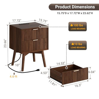 Walnut Fluted Nightstands Set of 2 with Charging & Beveled Edges | 18in Wide, FSC-Certified MDF, Solid Wood Legs, 2 Drawer, Metal Handle, Modern, Bedroom, Night Stand, Bedside Table, End Table - color: Walnut - Beveled Drawer, size: 18"W