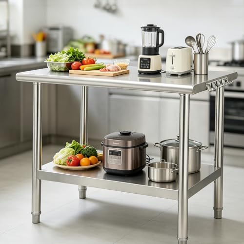 Garvee Stainless Steel Curved Edge Work Table 48 inch Double Layer, Heavy Duty Commercial Prep Table with Hook, 0.7mm Thick - size: 48*24*35inch