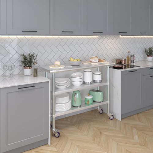 AmGood Stainless Steel Work Table with 2 Shelves and Casters | Metal Utility Table On Wheels (Stainless Steel Work Table with 2 Shelves + Casters, 48" Long x 18" Deep) - size: 48" Long x 18" Deep