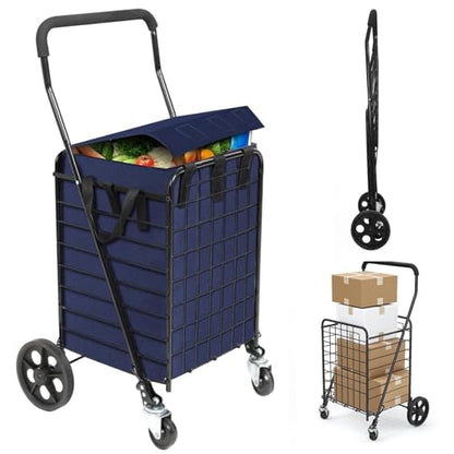 Kiffler Foldable Shopping Cart with Waterproof Basket Liner & 360° Swivel Wheels | Collapsible, Lightweight | Perfect for Groceries, Laundry, Max 100 LBS Utility Cart for Seniors, Apartments - size: Medium+Blue Bag