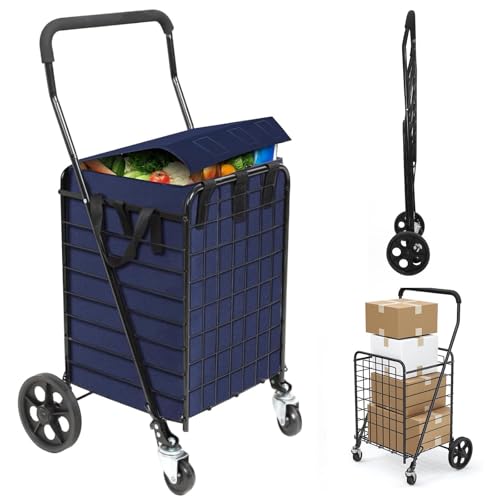 Kiffler Foldable Shopping Cart with Waterproof Basket Liner & 360° Swivel Wheels | Collapsible, Lightweight | Perfect for Groceries, Laundry, Max 100 LBS Utility Cart for Seniors, Apartments - size: Medium+Blue Bag