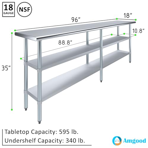 Stainless Steel Work Table with 2 Shelves | Metal Utility Table | Commercial & Residential NSF Utility (Stainless Steel Table with 2 Shelves, 96" Long x 18" Deep) - size: 96" Long x 18" Deep