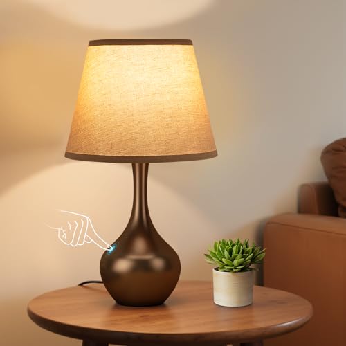 Seealle Touch Table Lamp for Bedroom, 3-Way Dimmable Small Bedside Lamps for Night Stands with Wires, Brown Desk Lamp for Kids Room, Office, Living Room, End Table(LED Bulb Included) - color: C. Oat Shade & Brown Base