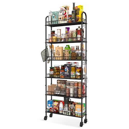 Slim Rolling Storage Cart with Wheels, Metal 6 Tier Spice Rack Mobile Shelving Unit Organizer Kitchen Utility Cart for Office Bathroom Kitchen Laundry Room Narrow Places (6inches) - size: 6inches