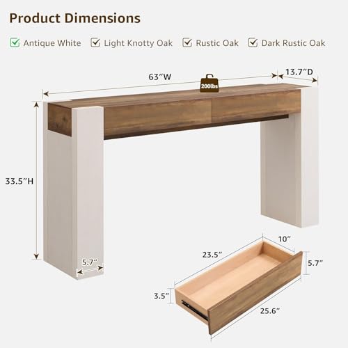 63-Inch Rustic Slim Console Table with Storage, Narrow Entryway Sofa Table with 2 Drawers, Modern Hallway Accent Table Behind Couch for Living Room, Brown Top and White Legs