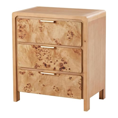 Burl Finish 3 Drawer Nightstand, Wood Rustic Farmhouse Dresser, Vintage Accent Storage Bedside Table for Bedroom Entryway, Fully Assembled, Natural | Vintage Accent Storage Bedside Table for Bedroom Entryway, Fully Assembled, Natural - color: Natural, siz