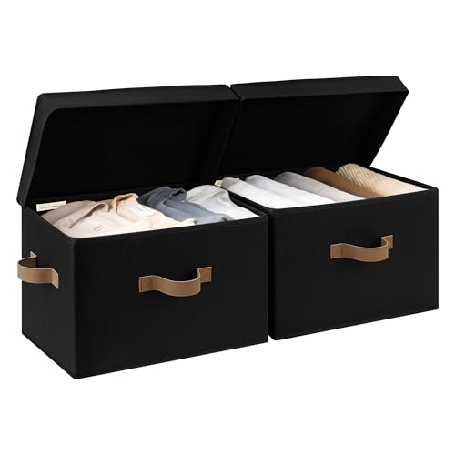 StorageWorks Fabric Storage Bins with Lids, Large Closet Storage Bins | Flip-Top Lid, 3 Handles, Collapsible, Stackable, for Clothes Blankets, Multi-Purpose, Large, Black, 2-Pack - color: Black, size: Large