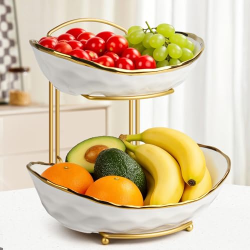 Fruit Basket for Kitchen Counter - Two Tier Ceramic Fruit Bowl with Metal Stand, Fruit Holder for Fresh Fruit&Veggies, Modern Tiered Fruit Platter Serving Trays for Party - color: 2White-Rack02