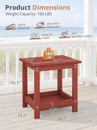 LUE BONA Small Outdoor Side Table, 2-Tier HDPE with Rail, Red | Outdoor End Table with Rail for Patio, Deck, Poolside, Weather Resistant HDPE, Low Maintenance, Easy to Clean - color: Red