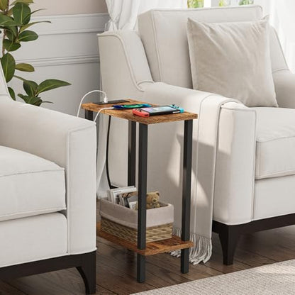 TUTOTAK Small End Table with Charging Station, Narrow Side Table with USB Ports and Outlets, Skinny Sofa Table, Slim Nightstand, Living Room, Bed Room, Brown TB01BB060 - color: Brown, size: 2-tier
