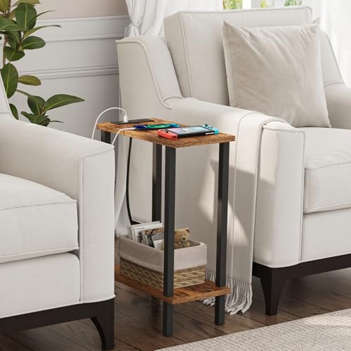TUTOTAK Narrow Side Table Set of 2, Small End Table with Charging Station | 2-Tier Skinny Sofa Table, Slim Nightstand, Easy Assembly for Living Room, Bedroom, Brown TB01BB0602 - color: Brown, size: 2-tier