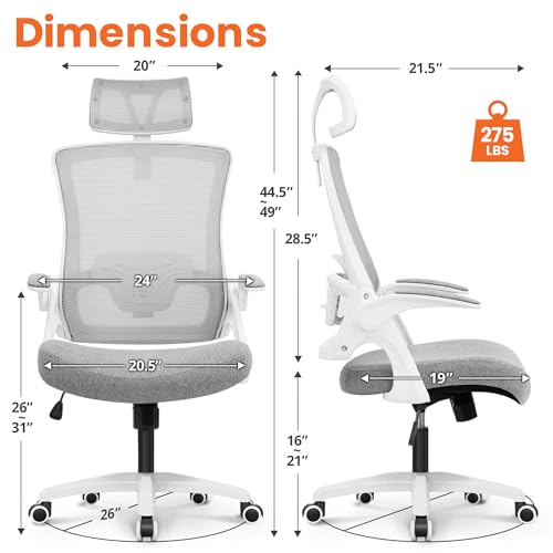 NEO CHAIR Office Desk Chair Gaming Computer High Back Support Mesh Comfy Seat with Adjustable Ergonomic Headrest Lumbar Rolling Flip-up Armrests and Wheels (Grey) - color: Grey