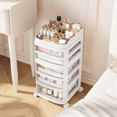 Rolling Cart with 5 Drawers, Clear Plastic Drawer Organizers, Dust Proof Under Desk Storage for Makeup, Skincare, Art Crafts and Baby Items, Acrylic Cosmetic Organizer with Dividers, Vanity Cart - size: 5 Tier