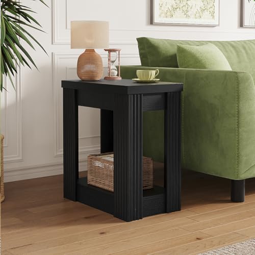 Maupvit Narrow Wood End Table for Living Room, 2-Tier Small Slim Side Table with Storage Shelf, Modern Fluted Nightstand for Bedside, Small Spaces, Living Room, Bedroom, Black, Set of 2 - color: Black