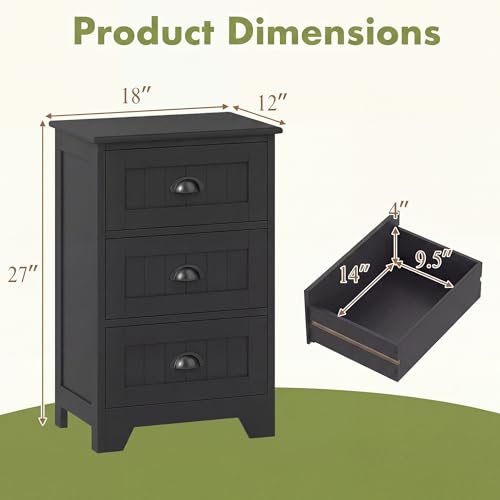 Giantex Nightstand with 3 Drawers, Bedside Table with Exquisite Metal Handles, Accent Table Sofa Side Table with Anti-toppling Device for Bedroom, Study, Black - color: Black