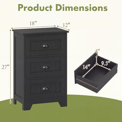 Giantex Nightstand with 3 Drawers, Bedside Table with Exquisite Metal Handles, Accent Table Sofa Side Table with Anti-toppling Device for Bedroom, Study, Black - color: Black
