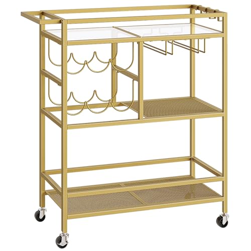 MAHANCRIS Bar Cart for Home, 3-Tier Serving Cart with Wheels and Handle, Beverage Cart with Wine Rack and Glass Holders, Rolling Wine Cart for Kitchen, Dining Room, Gold RCJ61B01 - size: 24.8''L x 11''W x 32''H