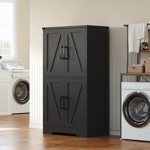 Treocho Bathroom Floor Cabinet, Farmhouse Bathroom Storage Cabinet with Doors and Adjustable Shelves, Freestanding Kitchen Pantry Cabinet, Cupboard for Living Room, Dining Room, Black - color: Black, size: 13.78"D x 23.62"W x 43.46"H